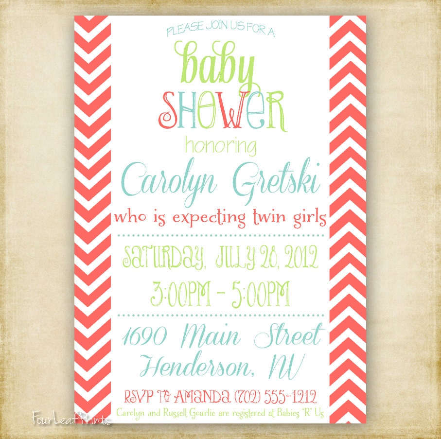 Coral Modern Chevron Baby or Bridal Shower Invitation - Printable DIY