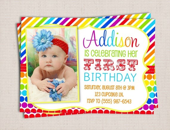 Couture Collection Rainbow Bright Stripes and Dots Custom Birthday Party Printable Invitation Il_570xn
