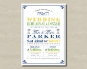Printable Wedding Rehearsal and Dinner Invitation - Vintage Poster design in Navy, Yellow and Green (RD09)