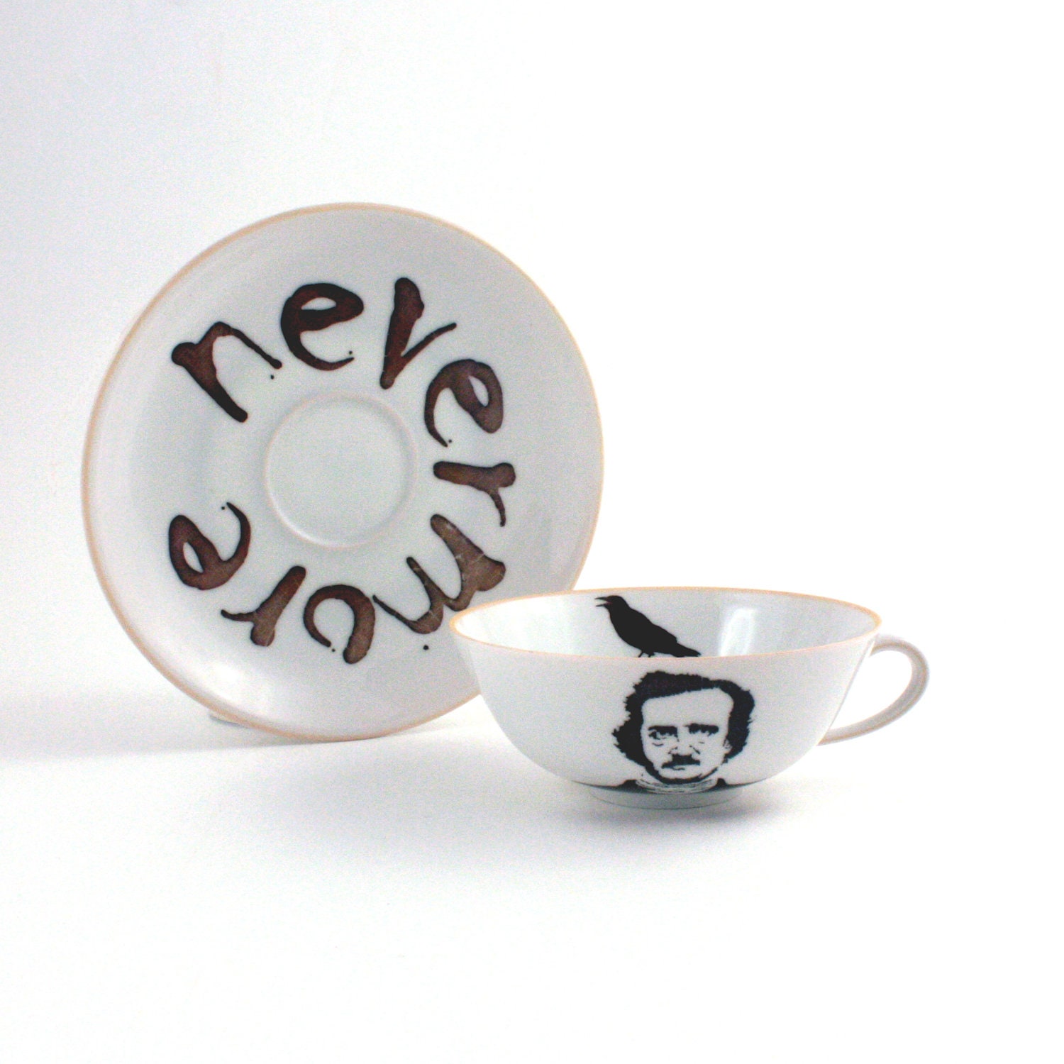 SALE Altered Edgar Allan PoeTea or Coffee Cup with Saucer Vintage Porcelain The Raven Nevermore Poem White Brown Literature