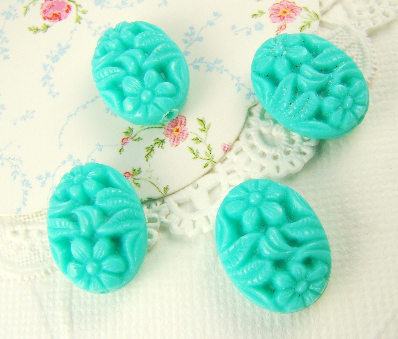 Vintage Chic Aqua Floral Flower Carved Oval Plastic Beads 16x12mm (6)