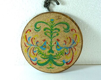 Pennsylvania Dutch Cork and Wooden Trivet, Pot Holder, Wall Hanging