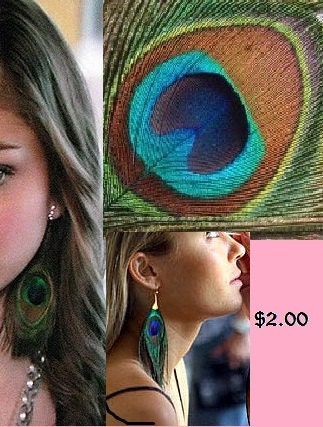 SALE 1.50 Peacock Feather Earrings 1 pair in silver tone dangle Natural Peacock 6" long x 3" wide
