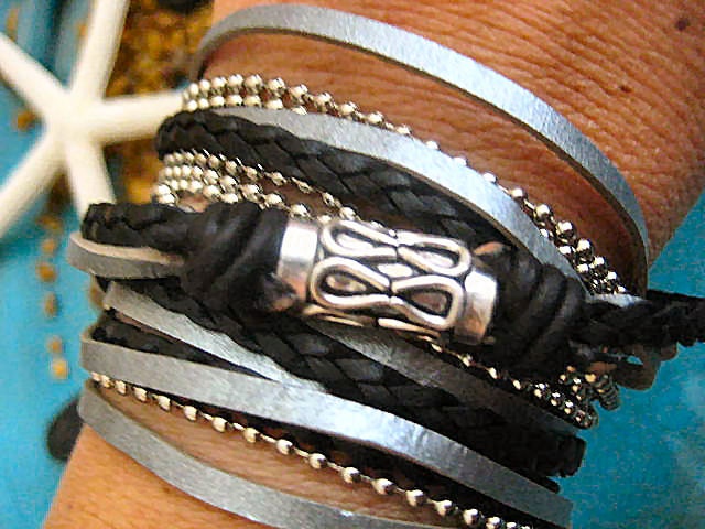Boho Chic Metallic Gunmetal and Black Leather Wrap Bracelet with Silver Accents... Magnetic Clasp ..."FREE SHIPPING"