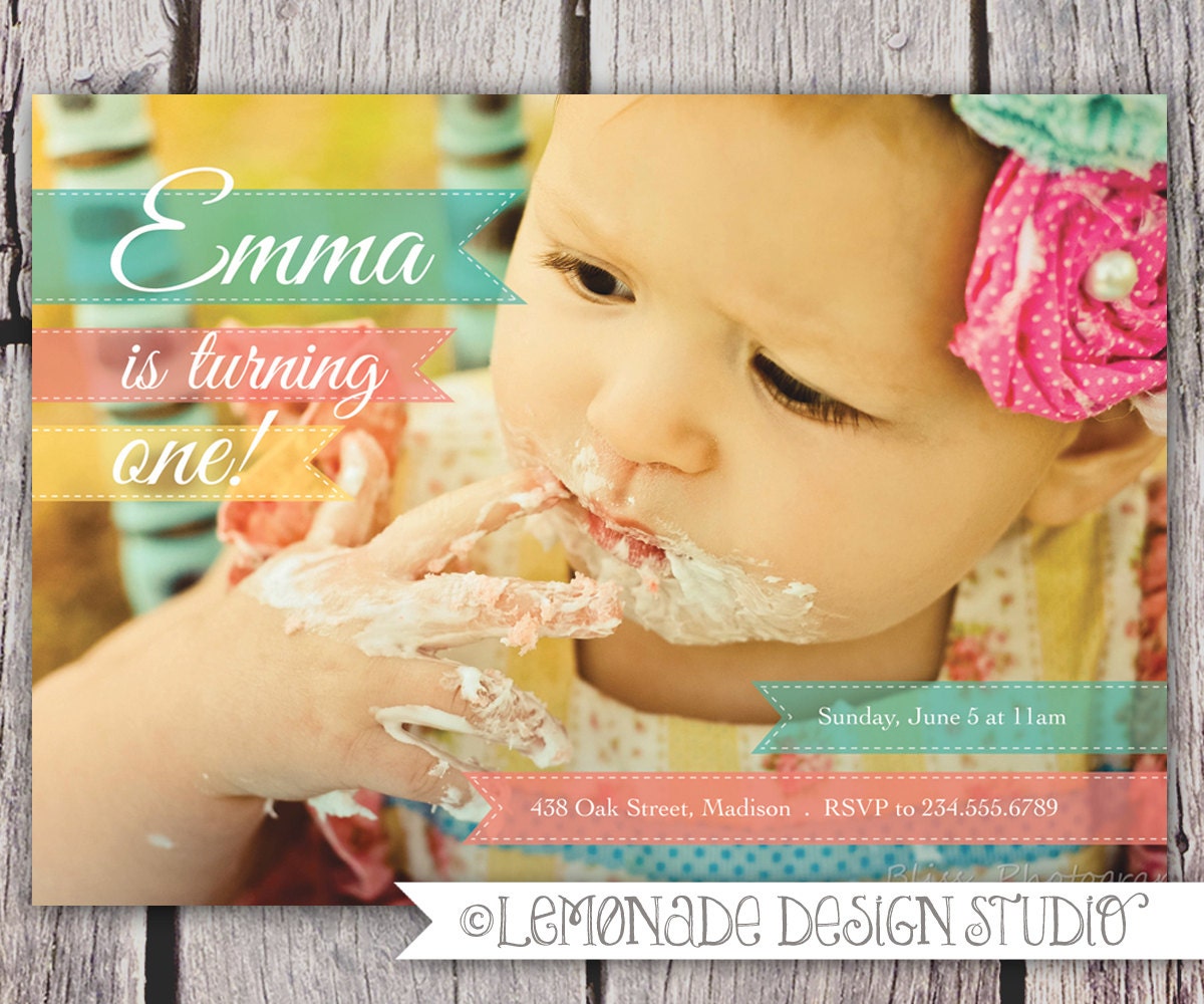 Photo Birthday Invitation - Printable Invite - Full Photo - Shabby Chic - Girly Birthday - Boy Colors too - ANY AGE or Birth Announcment