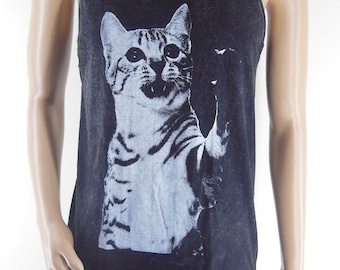 Cat Face Animal Style Unisex Tank Top Cat T-Shirt Cat Tank Top Animal Shirt Bleach Black Tunic Screen Print Size M