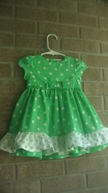 SALE-girls boutique style green polka dot party dress size 9 months with matching headband ooak
