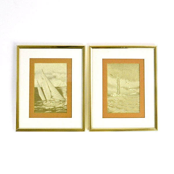 SALE Nautical Sailboat & Lighthouse Gold Etching Art by Manifestations, Framed and Matted - Vintage Home Decor