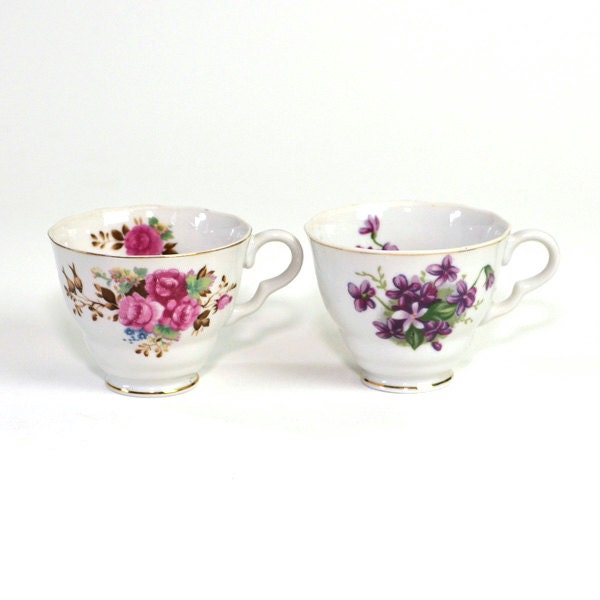 Enesco Tea Cup Set - Pink Rose & Purple Pansy Floral Prints, Made in Japan - Vintage Home Kitchen Decor or Use