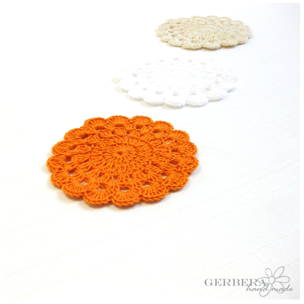 Granny Square Crochet Coasters Doilies Lace of natural color Set of 6 - beige ecru and white orange color - cotton 4" 10cm READY TO SHIP
