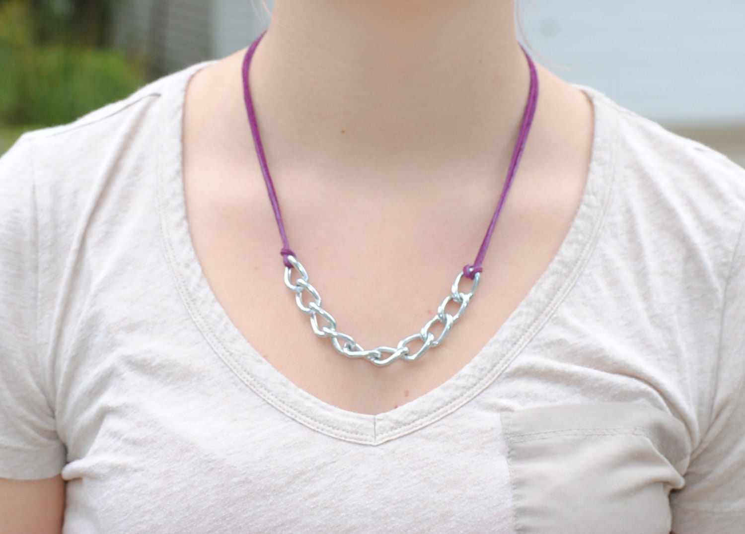 Chain and purple leather necklace