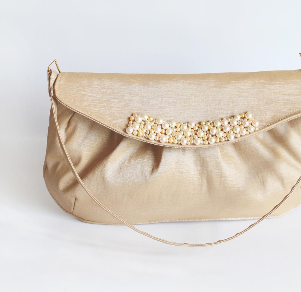 Luxury Golden Beige Clutch Bag Champaign Pearl Taffeta Wedding Clutch Bag - Gold Ecru Bridal Accessories - Custom Order