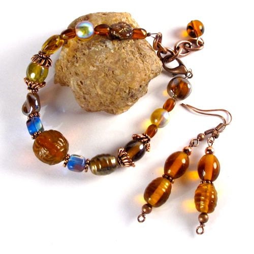 Brown, Blue Beaded Bracelet, Glass, Dark Brown Patina Copper, Dangle Earrings, Earthy, Rustic, Nature