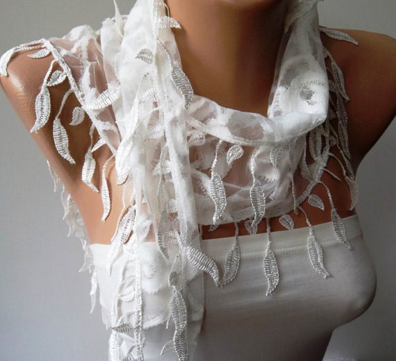 White Lace Scarf with White Trim Edge Shaped Leaves