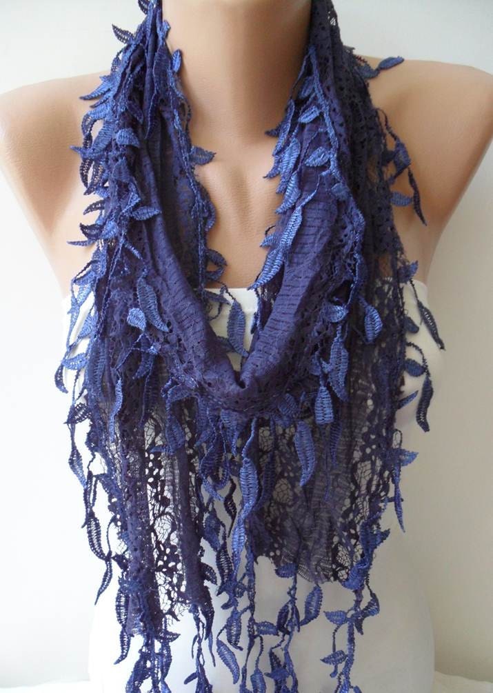 Dark Blue Lace Scarf  with Trim Edge - Special Laced Fabric
