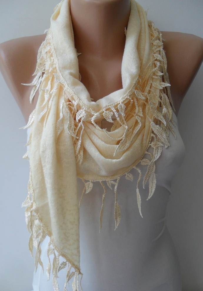 Beige Scarf with Trim Edge Shaped Leaves