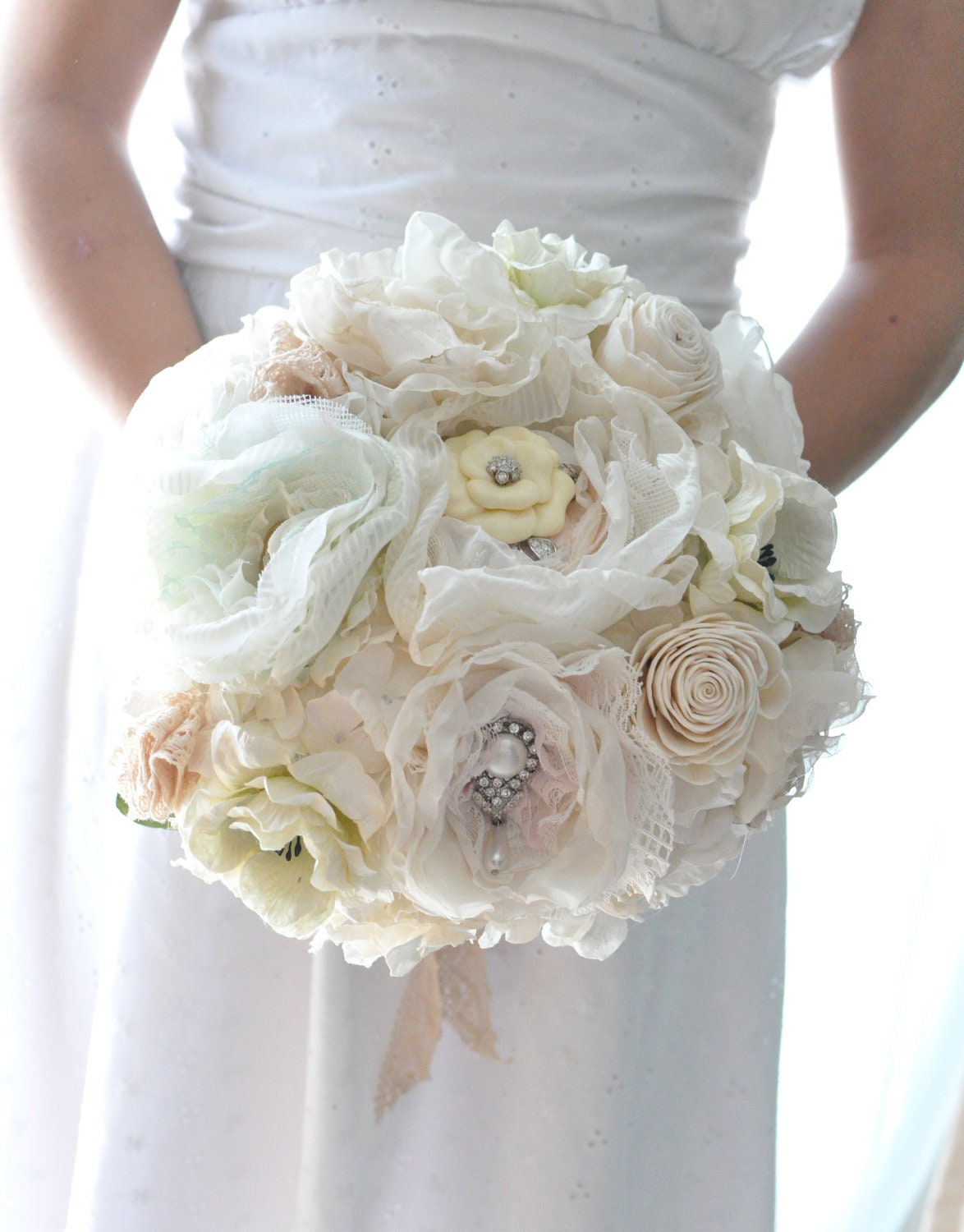 Vintage wedding bouquet, Deposit for oldworld charm lace, pearls among paper flowers and seafaom, blush pink and pastel peach fabric flowers