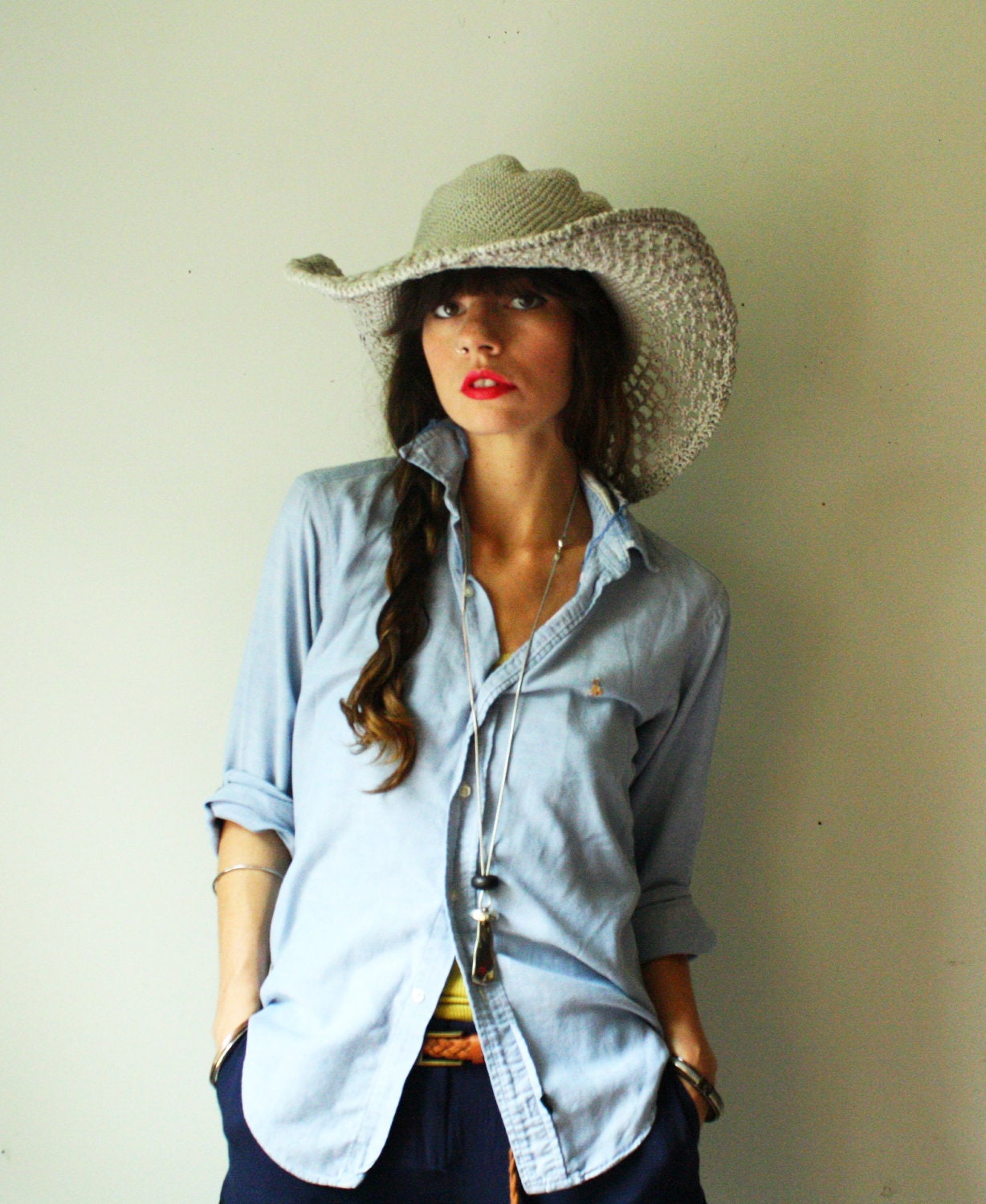 eco cowboy hat. hand crochet bamboo silk yarn. color clay. one size. lace wire brim. made to order
