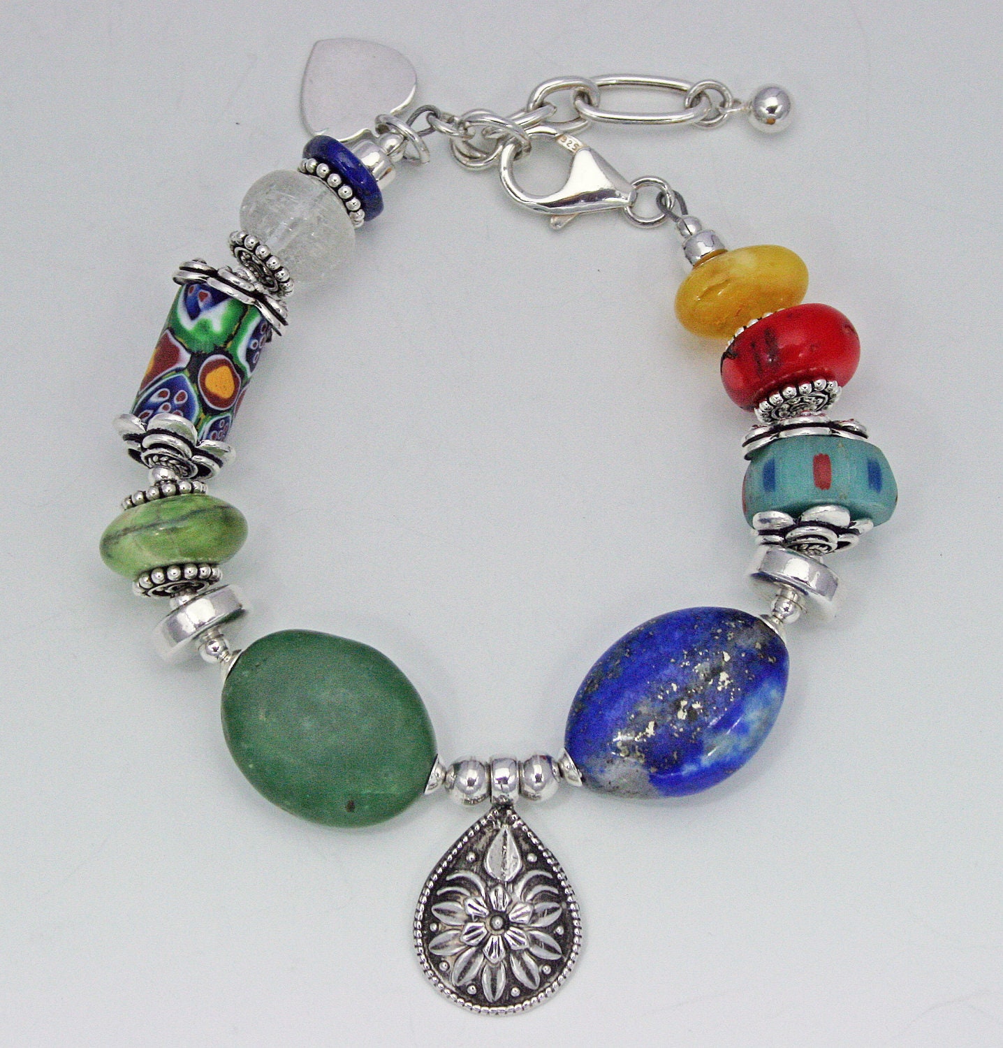 Multi-stone - Antique African Trade Beads, Amber, Chrysoprase, Green Turquoise, Lapis Lazuli, Rutilated Quartz, Sea Bamboo Bracelet