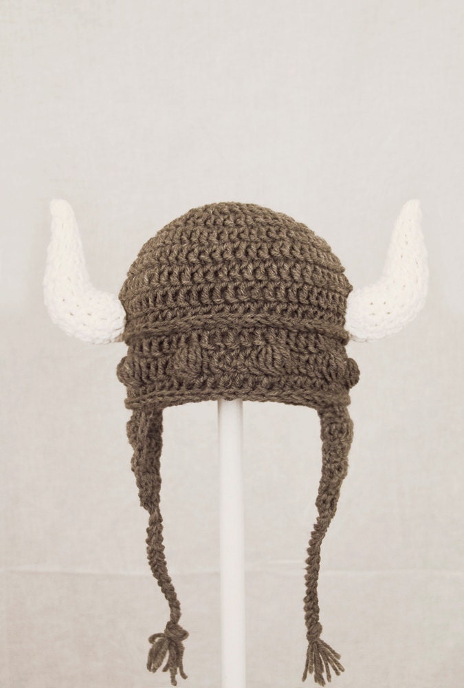 Viking Earflap Hat, Grey Crochet Beanie, send size choice baby - adult