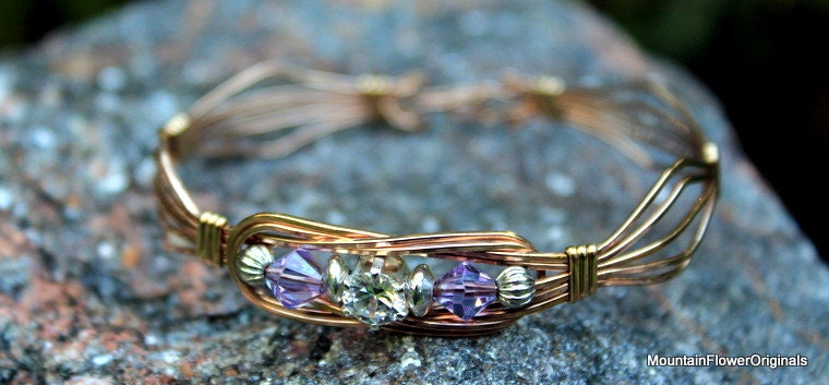 14kt Rose Gold filled Reef knot wire wrapped bracelet w/crystals