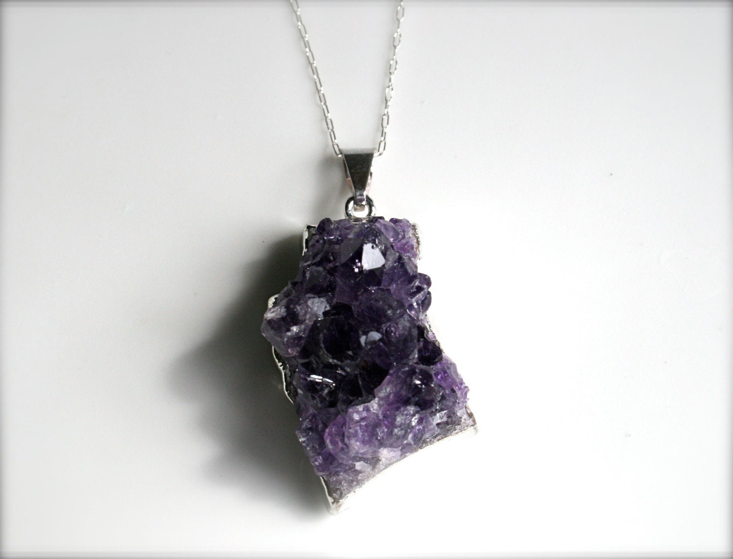 Silver Amethyst Druzy Cluster Stone Necklace on Sterling Silver Chain