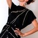 Slinky maxi dress, black and cream abstract print, viscose, cap sleeves, sash belt. One size fits many.