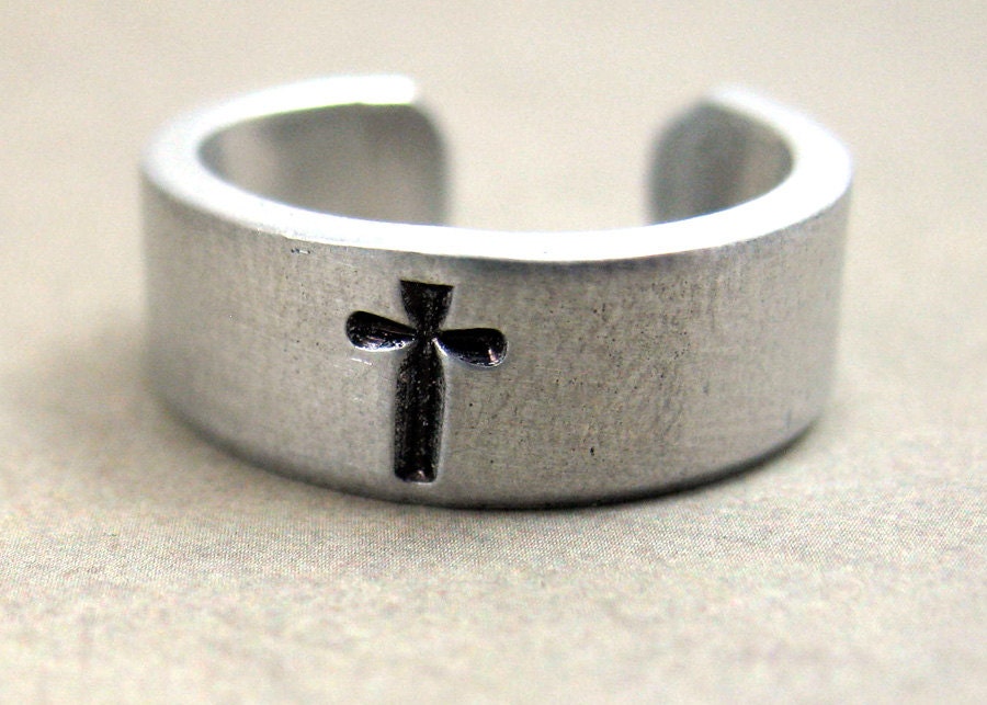 Silver Cross Ring - Hand Stamped, Adjustable Narrow Aluminum Ring 