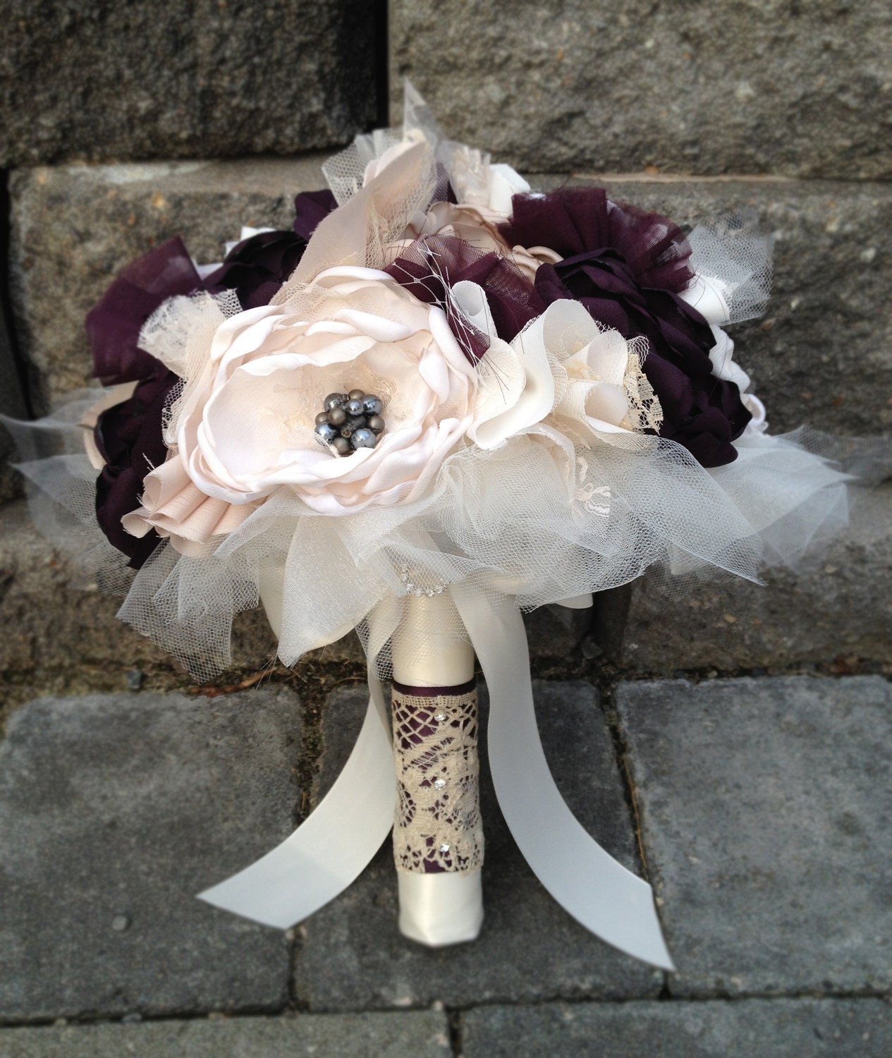 Custom Fabric Flower Bridal Bouquet Vintage Purple, Plum, Rhinestones, Brooches and Pearls