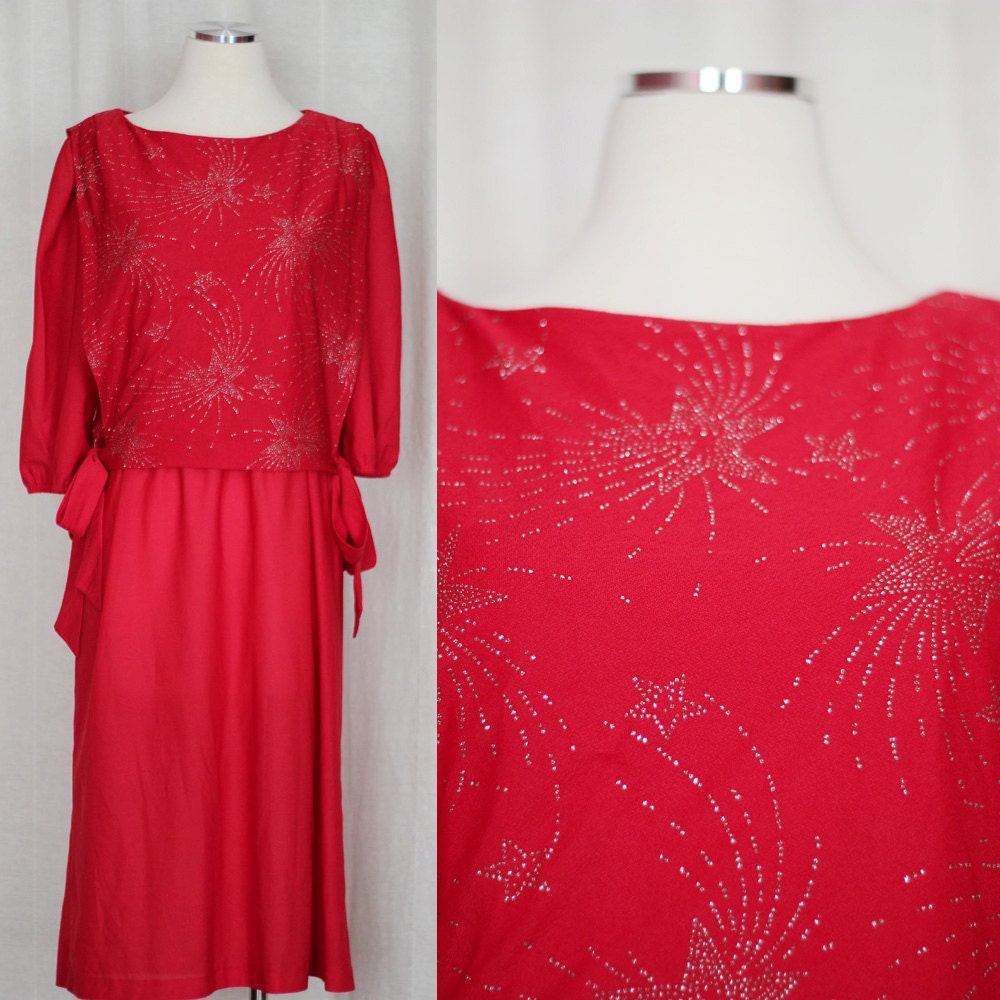 Vintage 1970s Red Dress - Silver Glitter Star Pattern - Tie Sides - Size Medium / Large