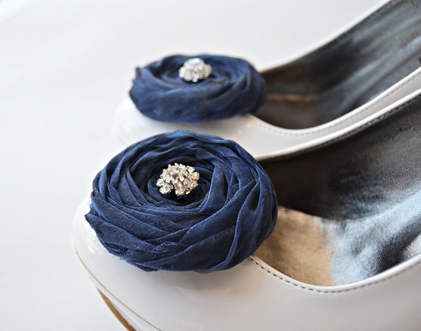 Navy Chiffon Roses Shoe Clips