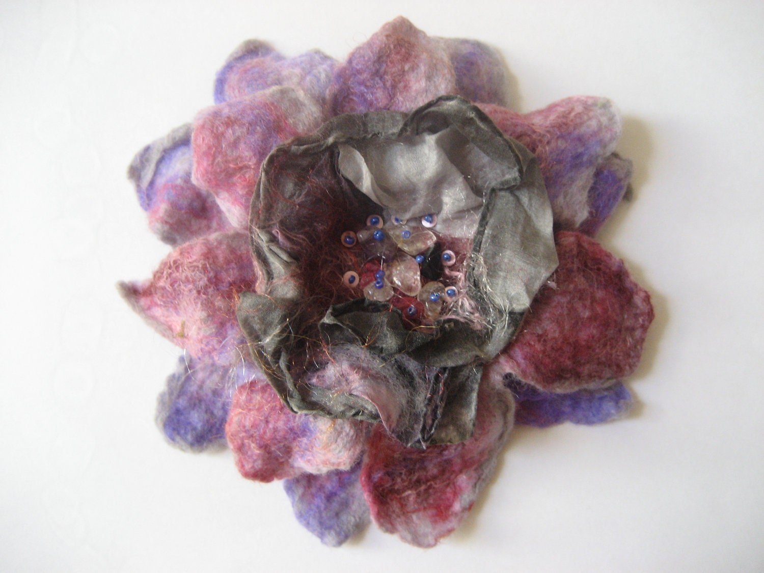 SALE Purple Violet Pink Grey Felted Flower Brooch, Nuno Felted Wool - feltinga SALE Purple Violet Pink Grey Felted Flower Brooch, Nuno Felted Wool - feltinga