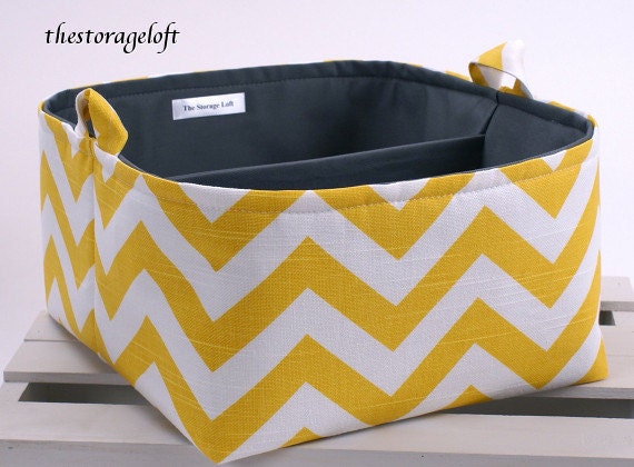 LG 10"x10"x6" Diaper Caddy - Storage Bin Basket Container Organizer - Yellow White Slub Chevron Zigzag Fabric