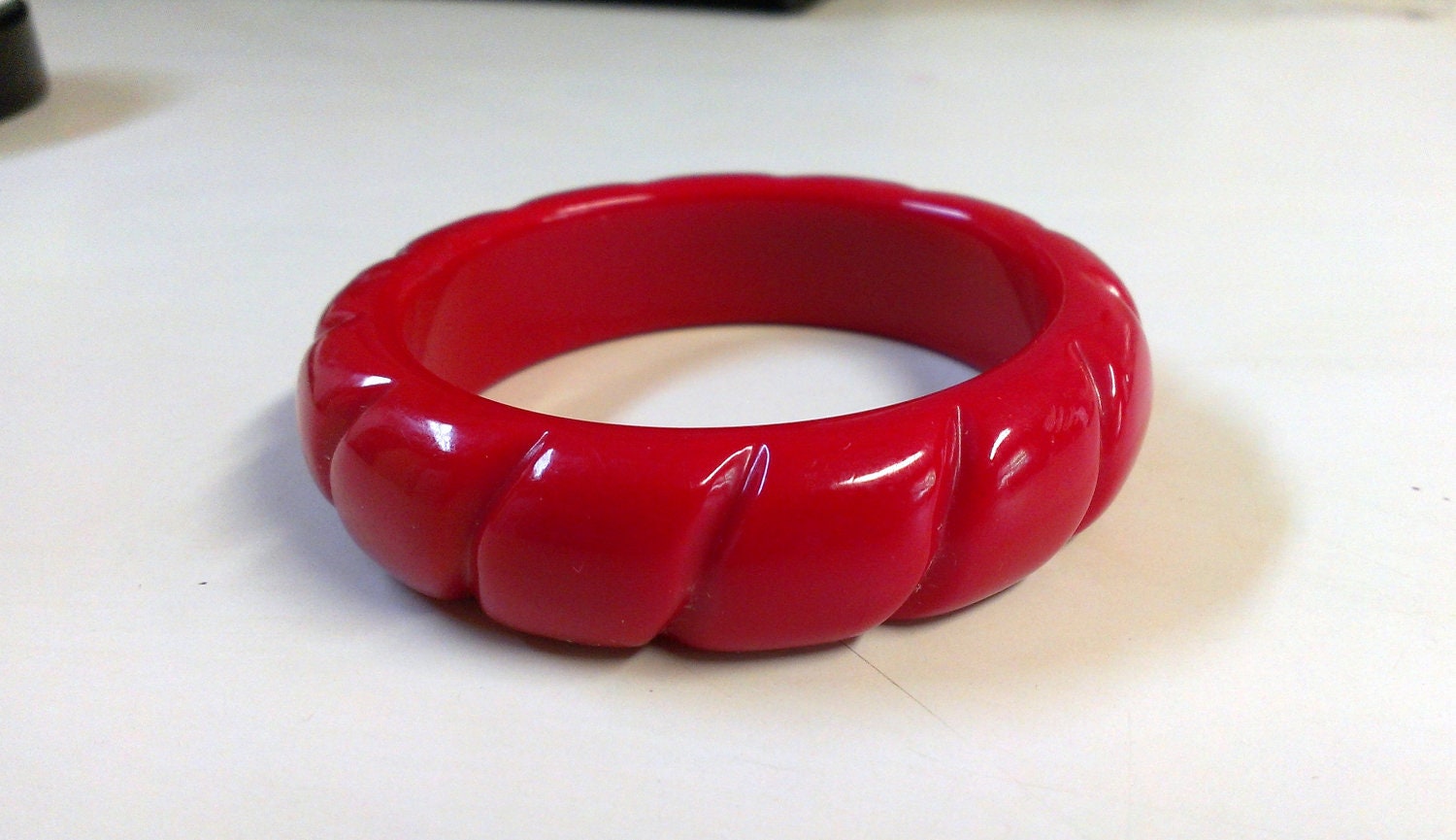 Vintage Hard Plastic Carved Cherry Red Bangle Bracelet