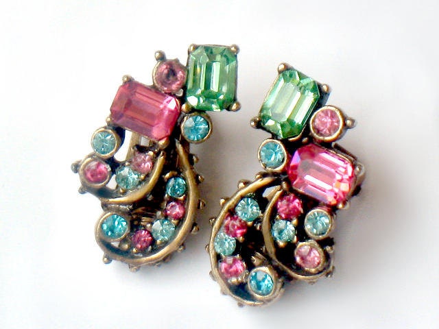 CLAUDETTE Rhinestone Earrings Signed 1950s Rare Collectable Jewelry Antiqued Gold Scrollwork Pink Green Blue