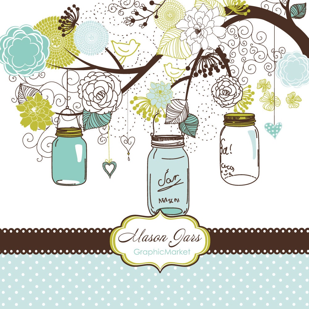 Hand Drawn Mason Jars, card template and digital papers, Clip art for scrapbooking, wedding invitations, Personal and Small Commercial Use