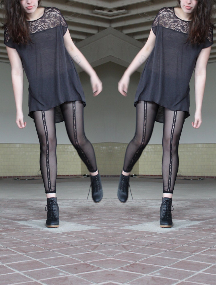 Lace Sheer Leggings - grey black mesh with geometric stripe, minimalist industrial soft grunge style - large