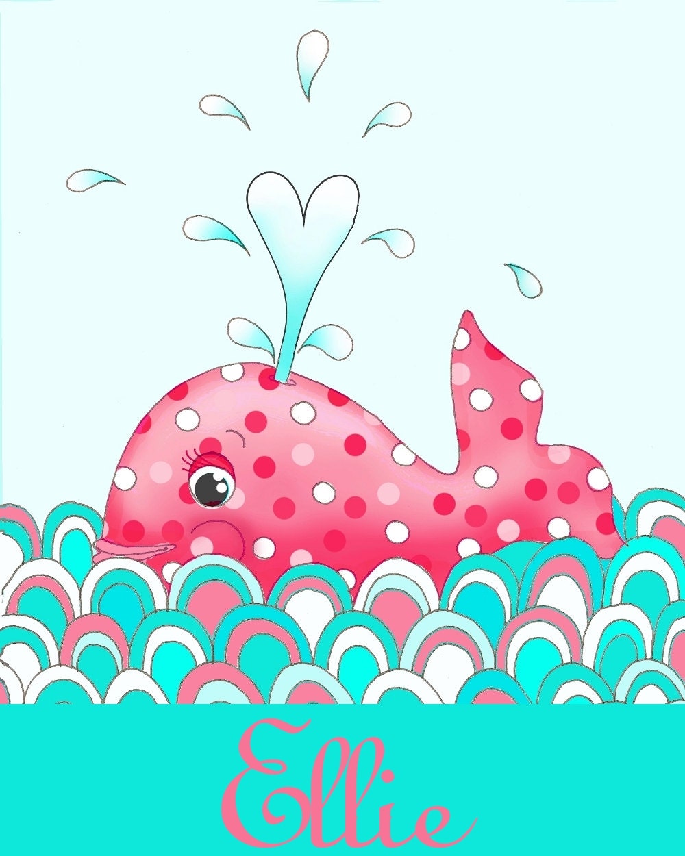 Personalized red aqua whale nursery art kids wall art custom children decor 11x14 nautical print baby shower