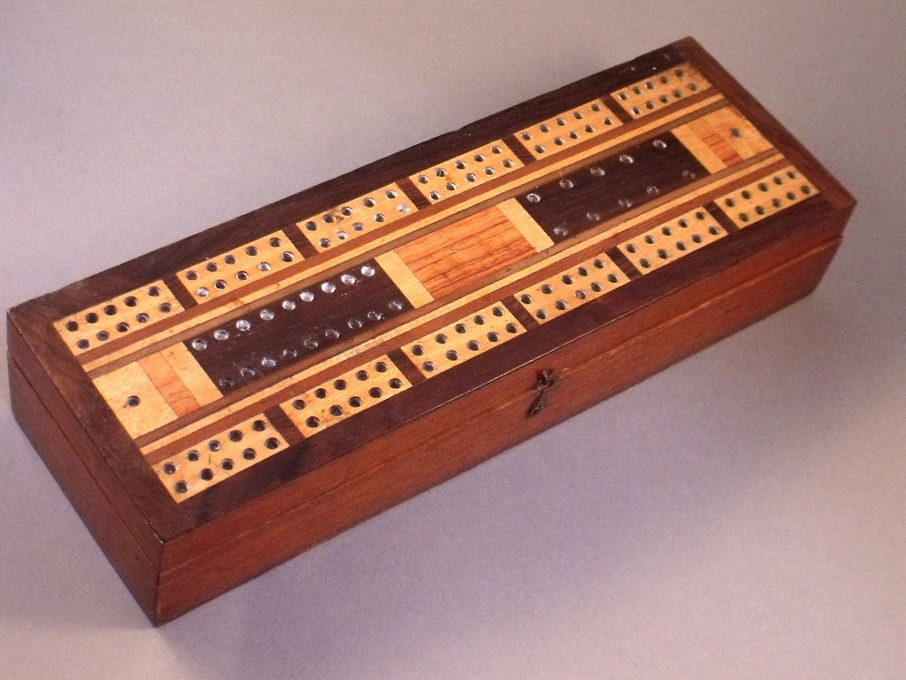 Antique or Vintage Card Games Compendium Wooden Box Marquetry Lid with pegs and cards