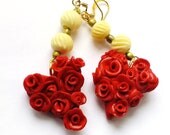 St.Valentine Polymer Clay Long Dangle Earrings with Natural Ivory Beads "Love"