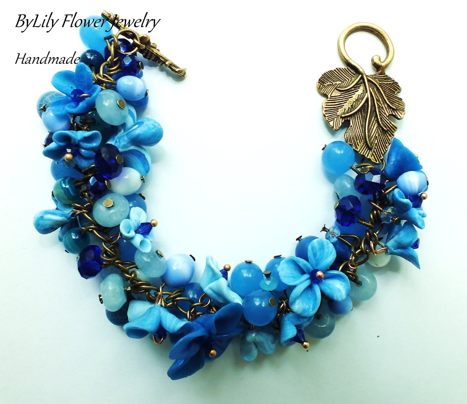 Trendy Summer Beaded Charm Aquamarine Bracelet with polymer clay flower, natural agate, aquamarine and jade beads
