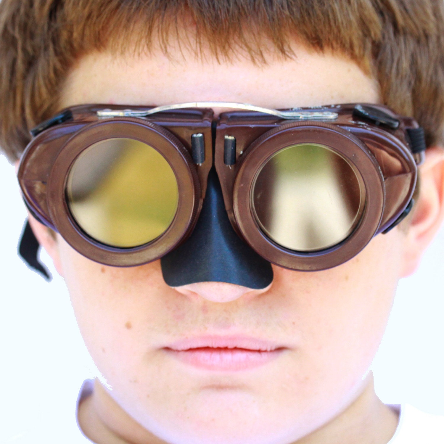 Vintage Willson Kover-Mor welding safety goggles, round mirror lenses w/screw-on covers, nose shield