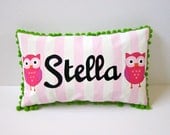 Baby pillow in light pink stripes with bright pink owl accent. Personalized with name.