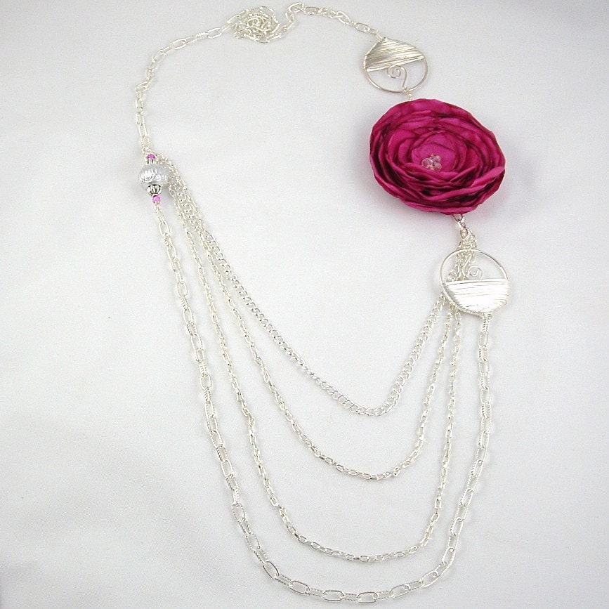 Magenta Statement Flower Fabric Necklace multi tiered, Unique Jewelry