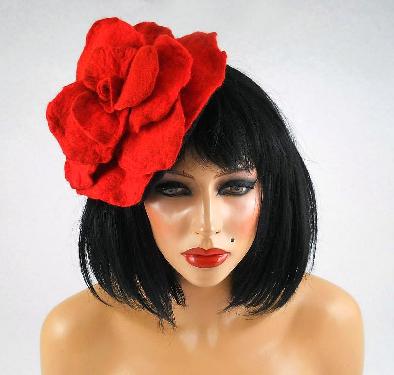 Felted Fascinator Art Hat Red Rose Hat wild Retro hats Felt wearable art Nunofelt Nuno felt la belle epoque Eco art deco Fiber Art