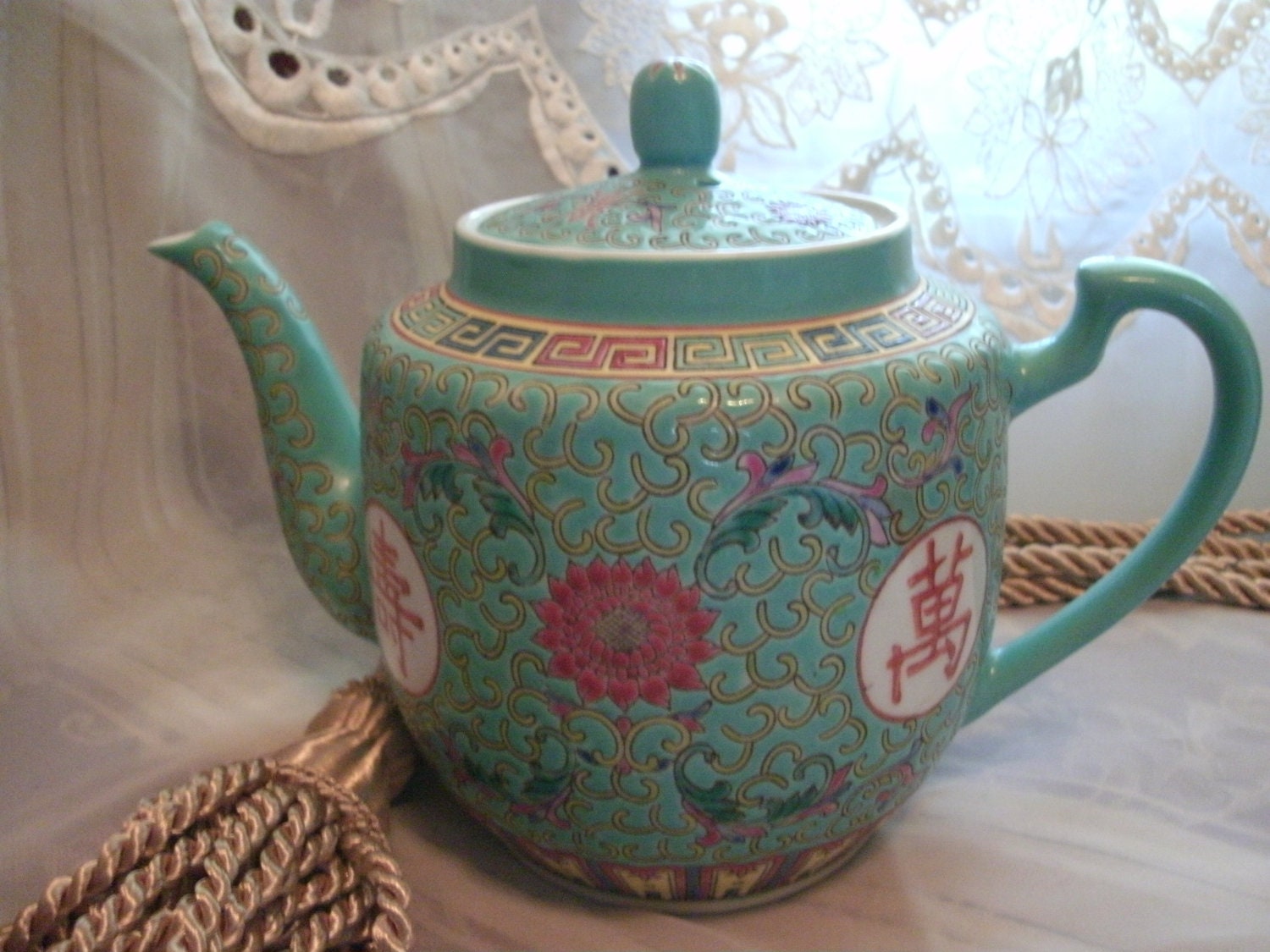 1953 Chinese Turquoise Ground Teapot Scrolling Flower Jiangxi China