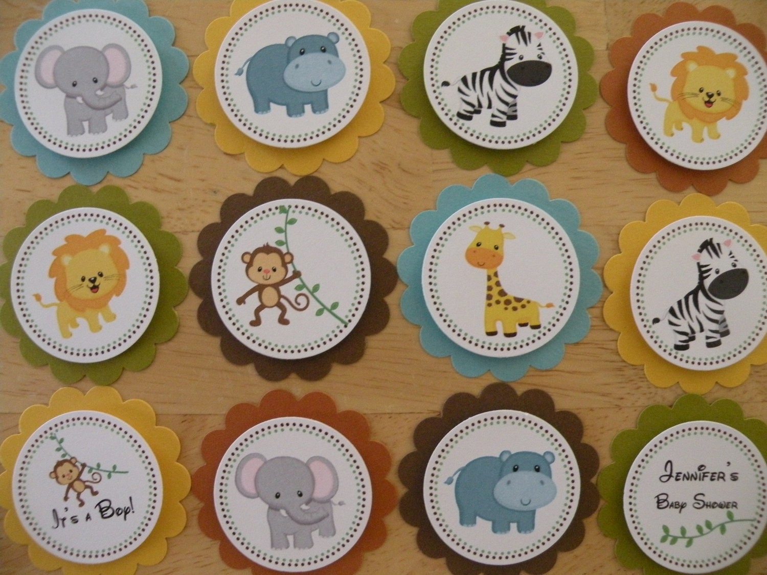Jungle, Safari 12 Cupcake Toppers or Party Favor Tags, Birthday or Baby Shower, Handmade, 3D