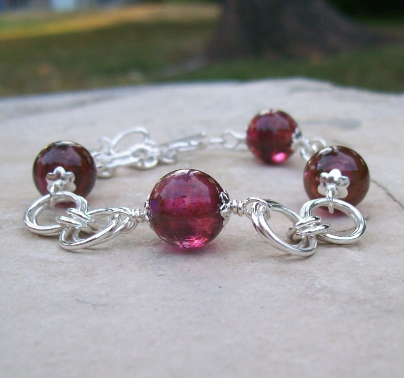 Handmade Sterling Silver Chainmaille Bracelet with Handmade Cranberry-Plum Lampwork Glass Beads (Adjustable Size Medium or Large)