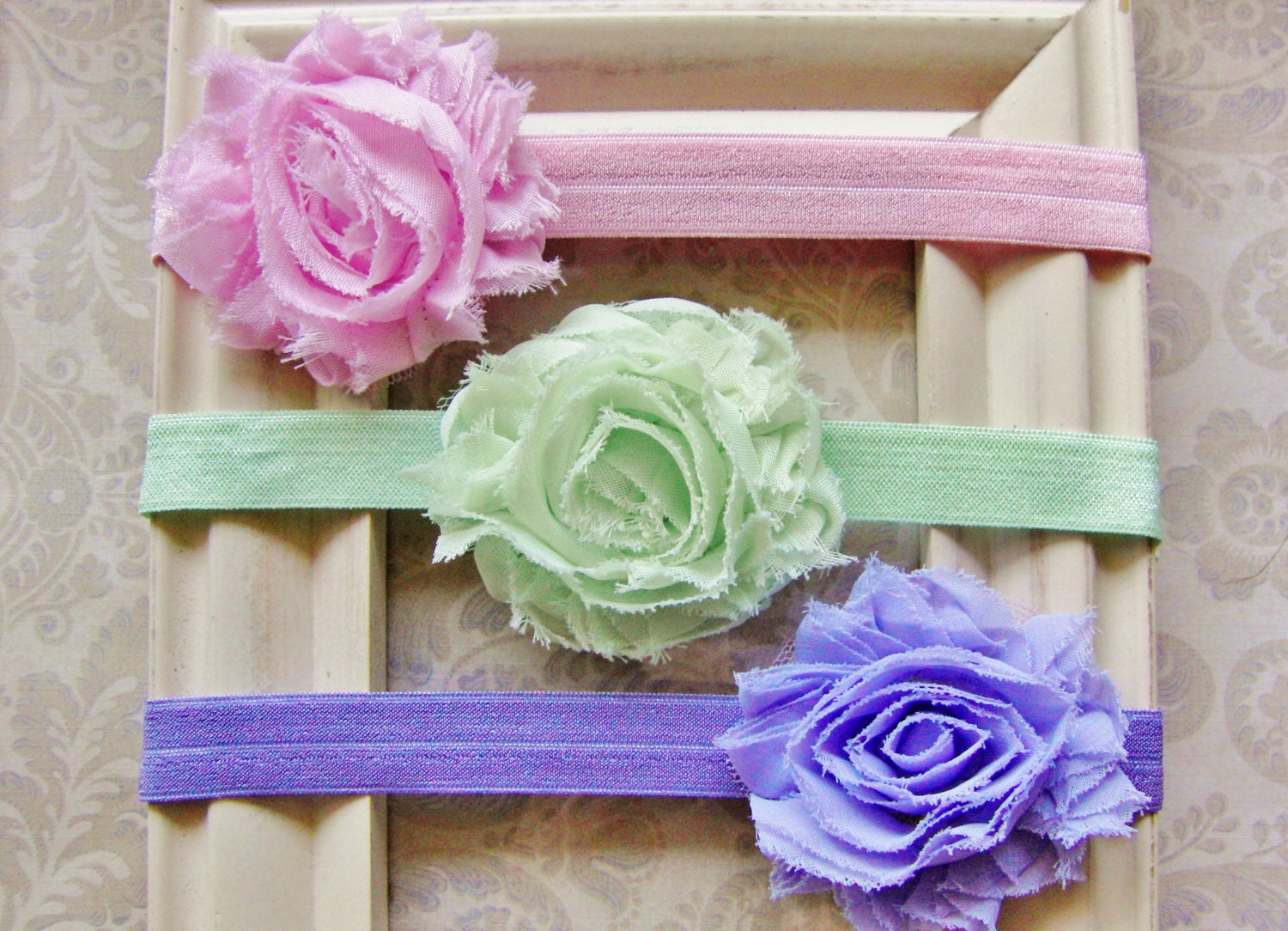 3 Pack Baby headbands - Newborn Headbands - Pink, Mint, Lavender Shabby Chic Headbands - Baby Photography Prop
