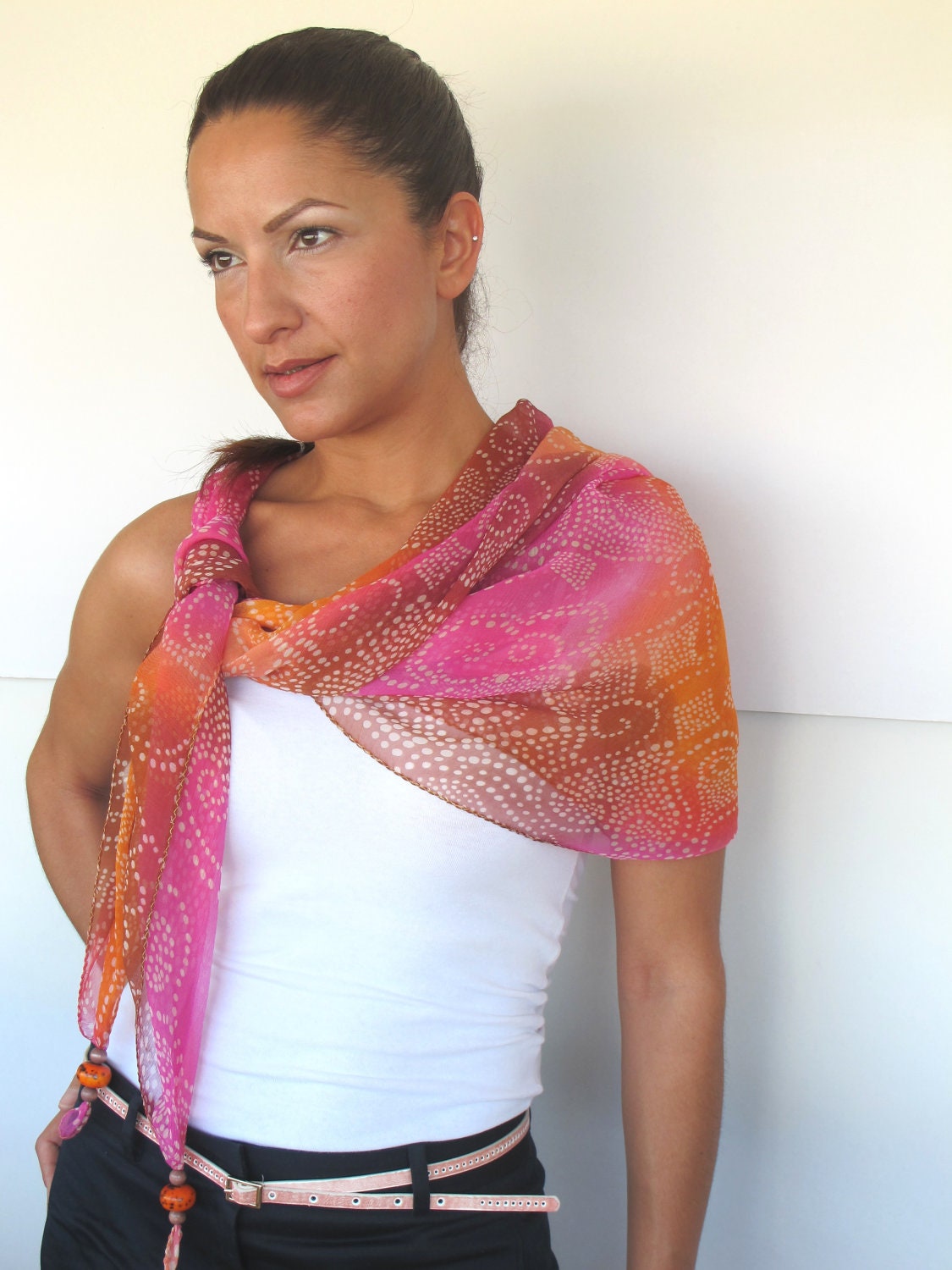 Silk scarf  with color block print, bohemian headband.